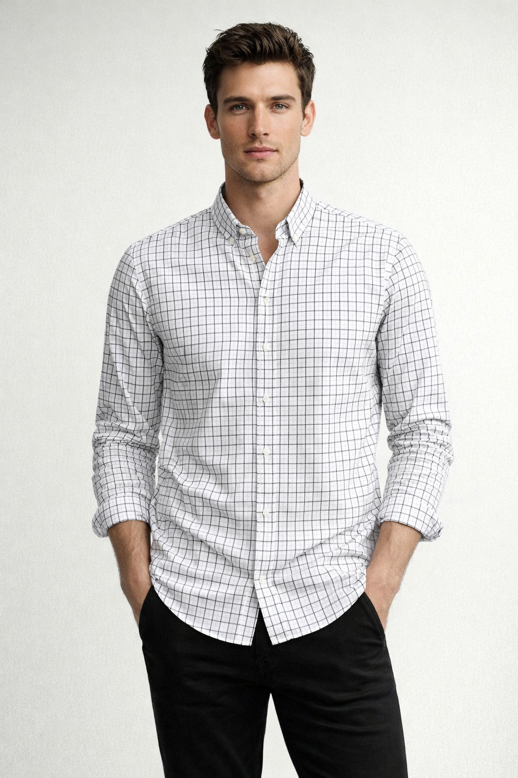 Camisas Para Hombre Manga Larga Cuadros B61204 Negro