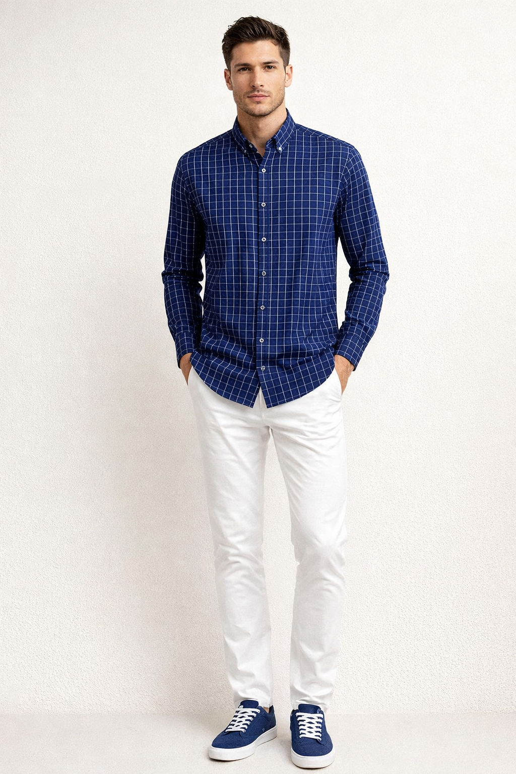 Camisas Para Hombre Manga Larga Cuadros B61205 Marino