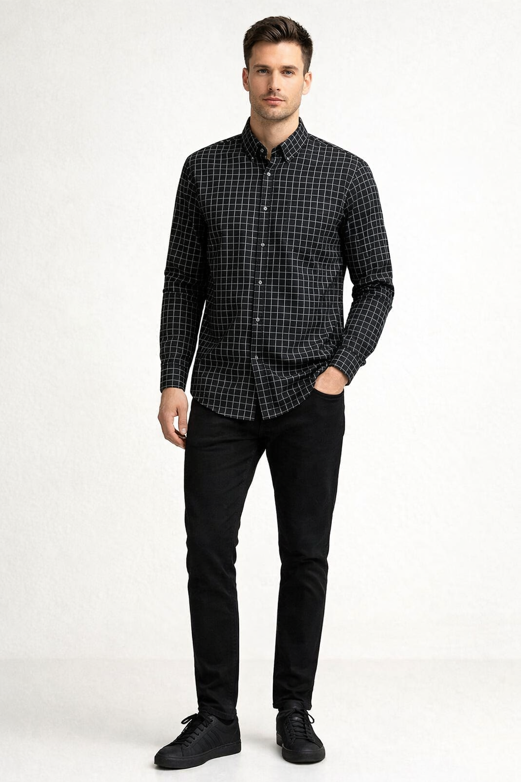 Camisas Para Hombre Manga Larga Cuadros B61205 Negro