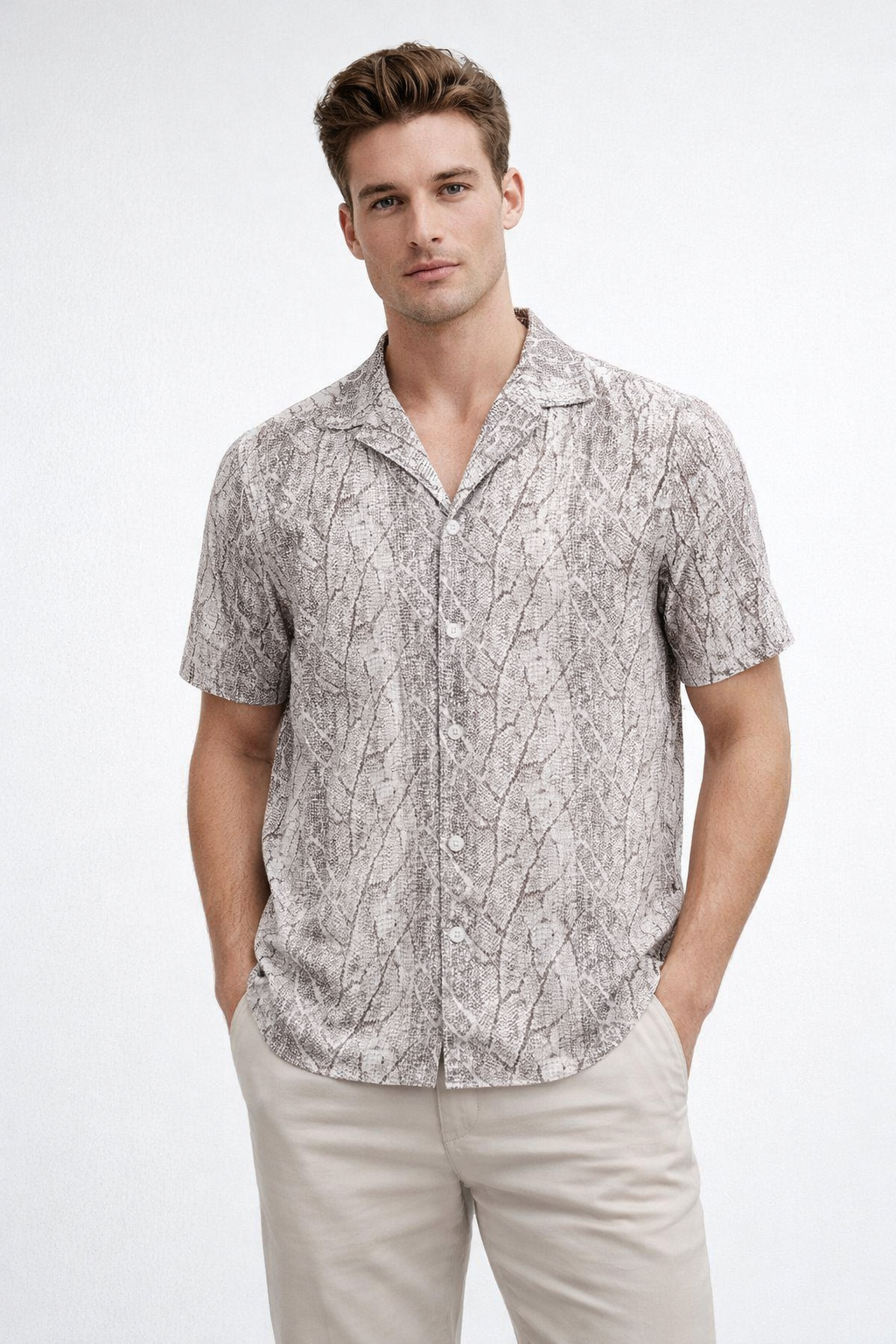 Camisa para Hombre Manga Corta Resort Crochet Diseño Artístico B61462 Gris