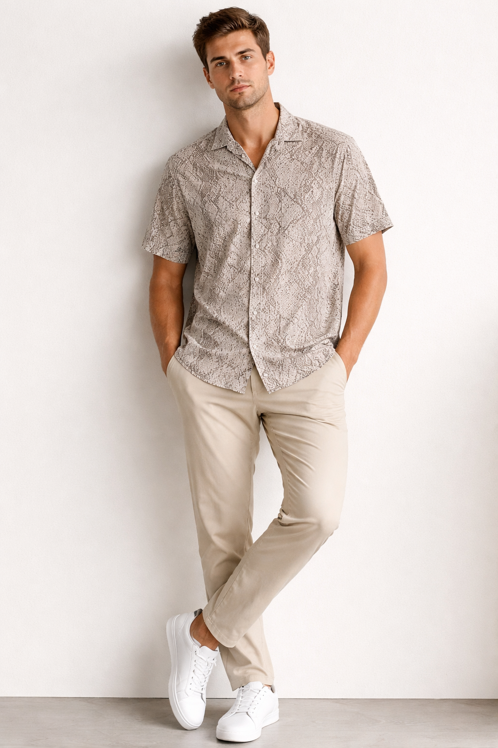 Camisa para Hombre Manga Corta Resort Crochet Diseño Artístico B61462 Gris