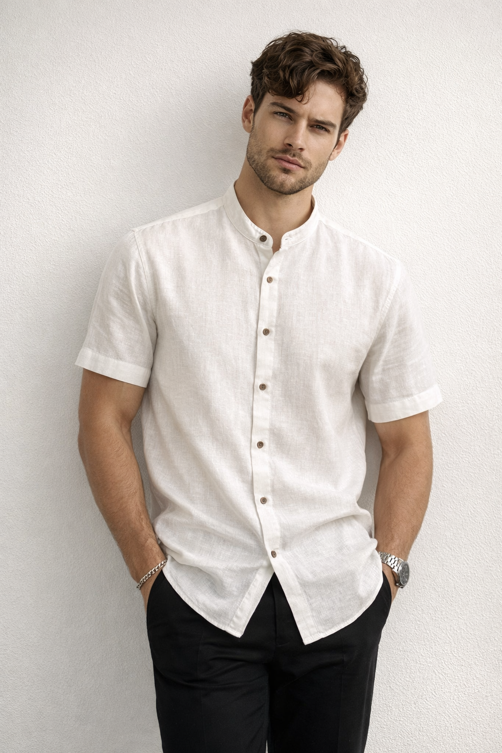 Camisas Para Hombre Tipo Lino Cuello Mao B61552 Blanco