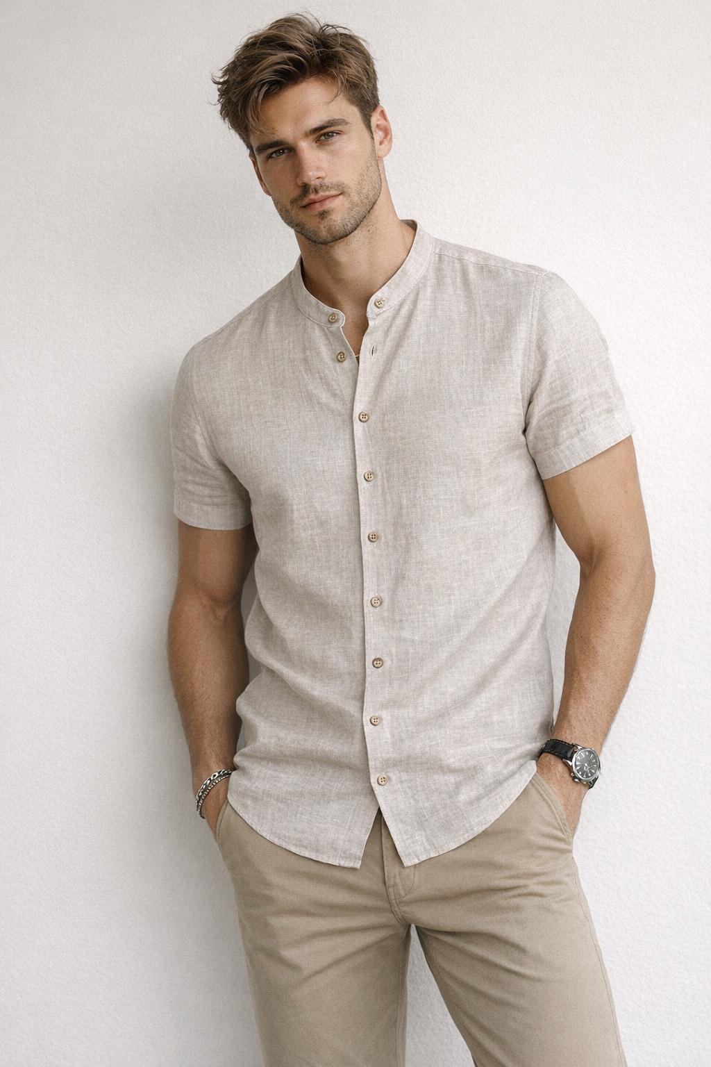 Camisas Para Hombre Tipo Lino Cuello Mao B61552 Arena