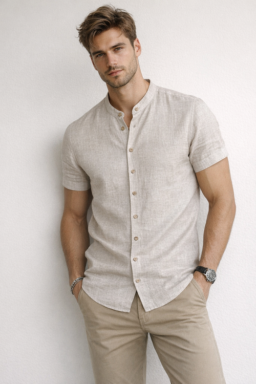 Camisas Para Hombre Tipo Lino Cuello Mao B61552 Arena