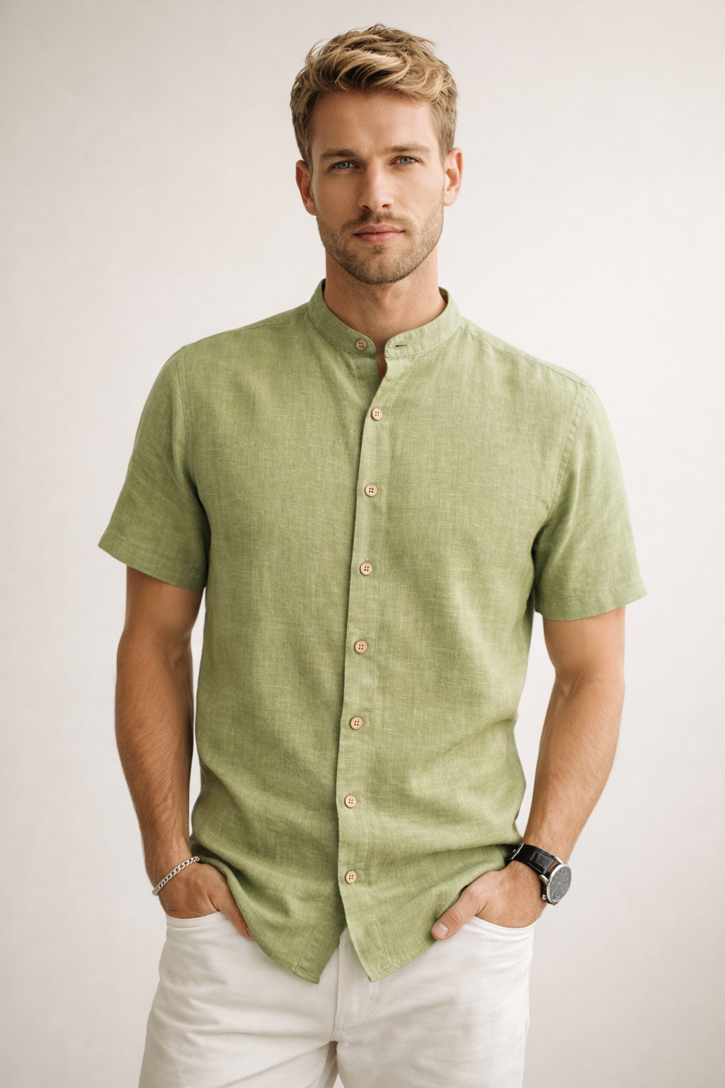 Camisas Para Hombre Tipo Lino Cuello Mao B61552 Olivo