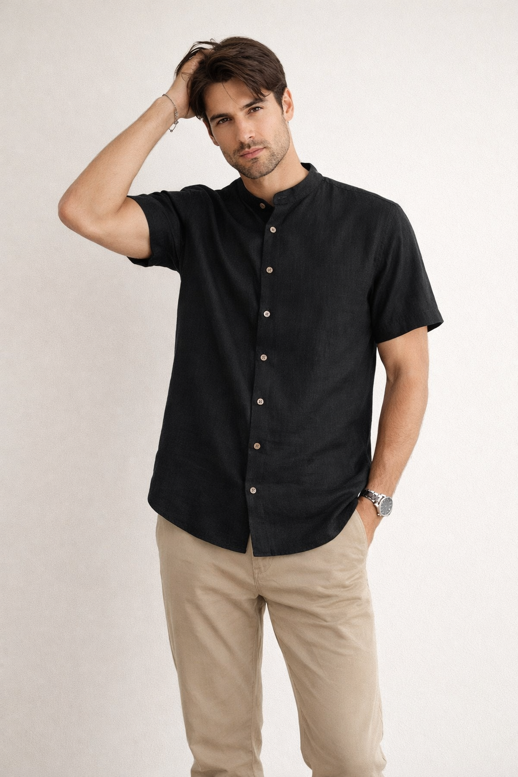 Camisas Para Hombre Tipo Lino Cuello Mao B61552 Negro