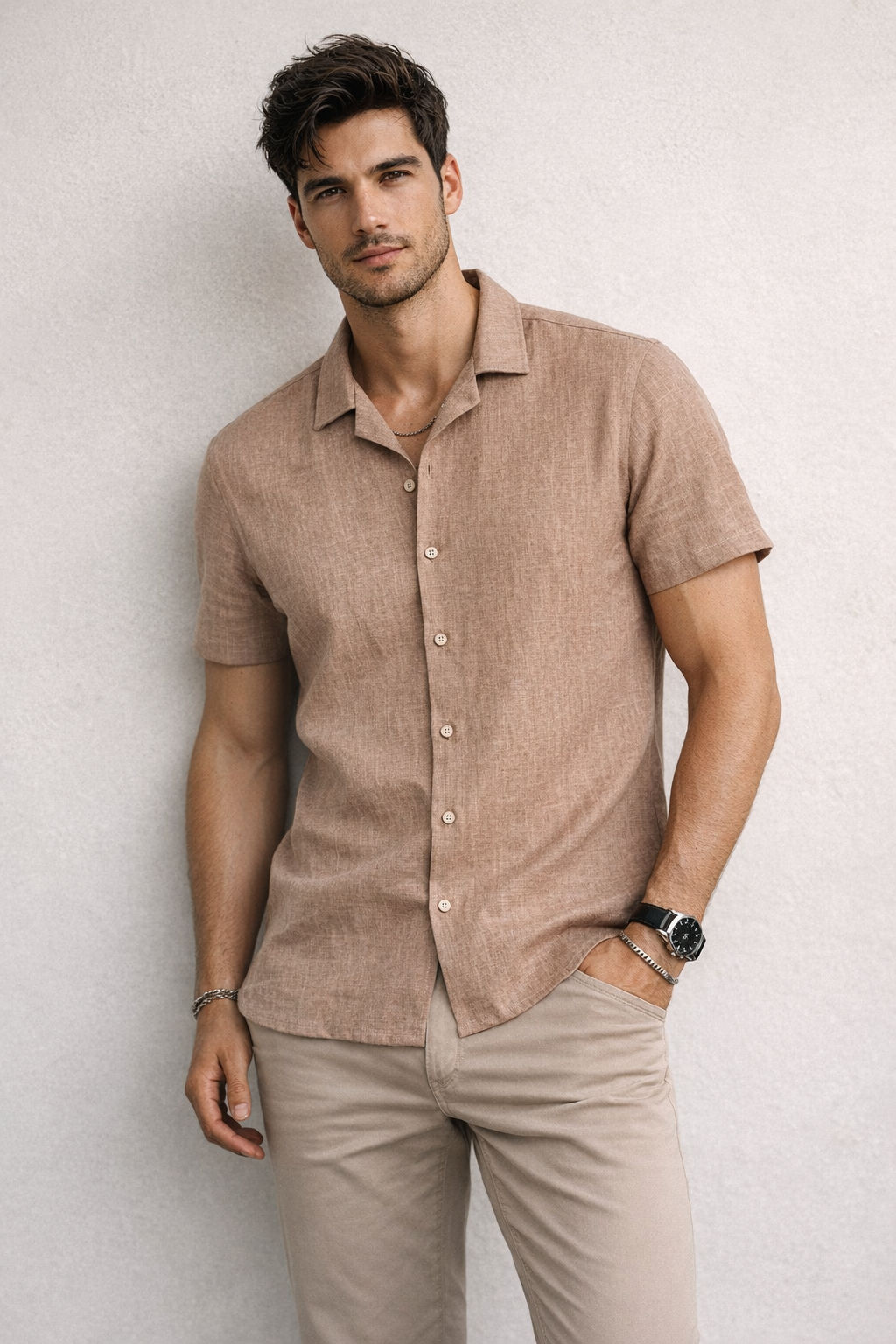 Camisas Para Hombre Tipo Lino Corte Relaxed Estilo Resort B61551 Cocoa
