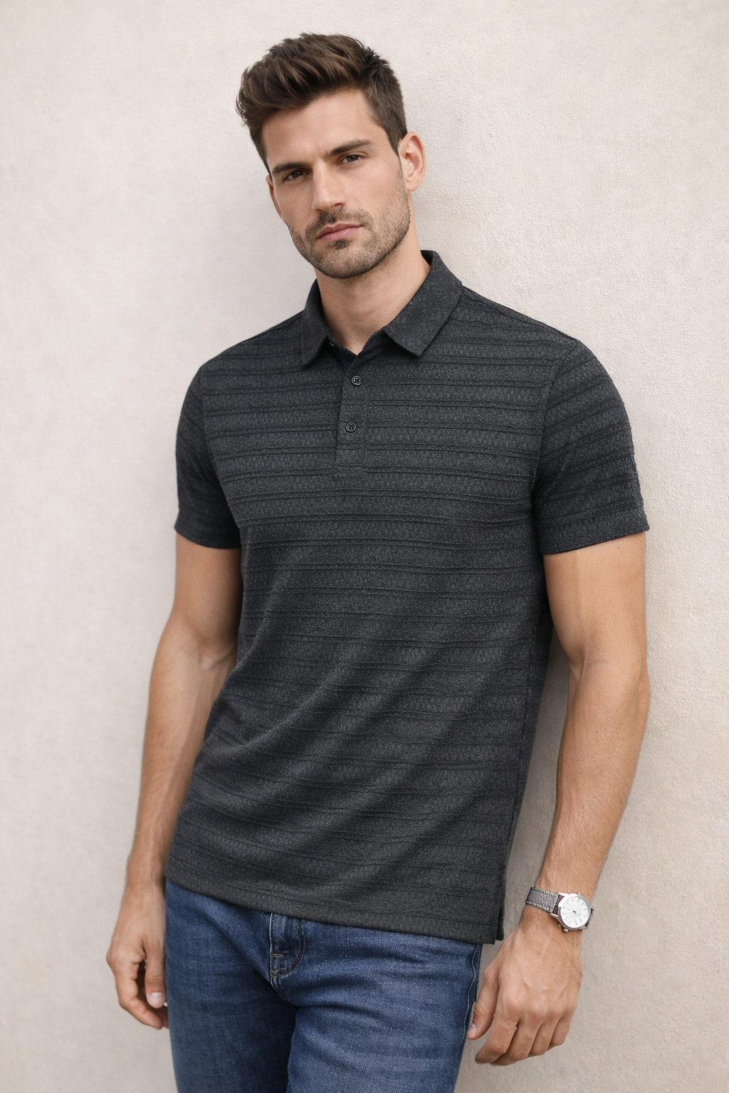 Playera Polo para Hombre Casual Jacquard Super Stretch A61420 Negro