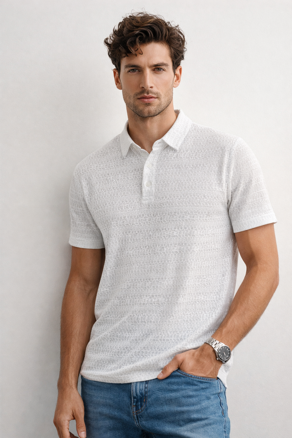 Playera Polo para Hombre Casual Jacquard Super Stretch A61420 Blanco