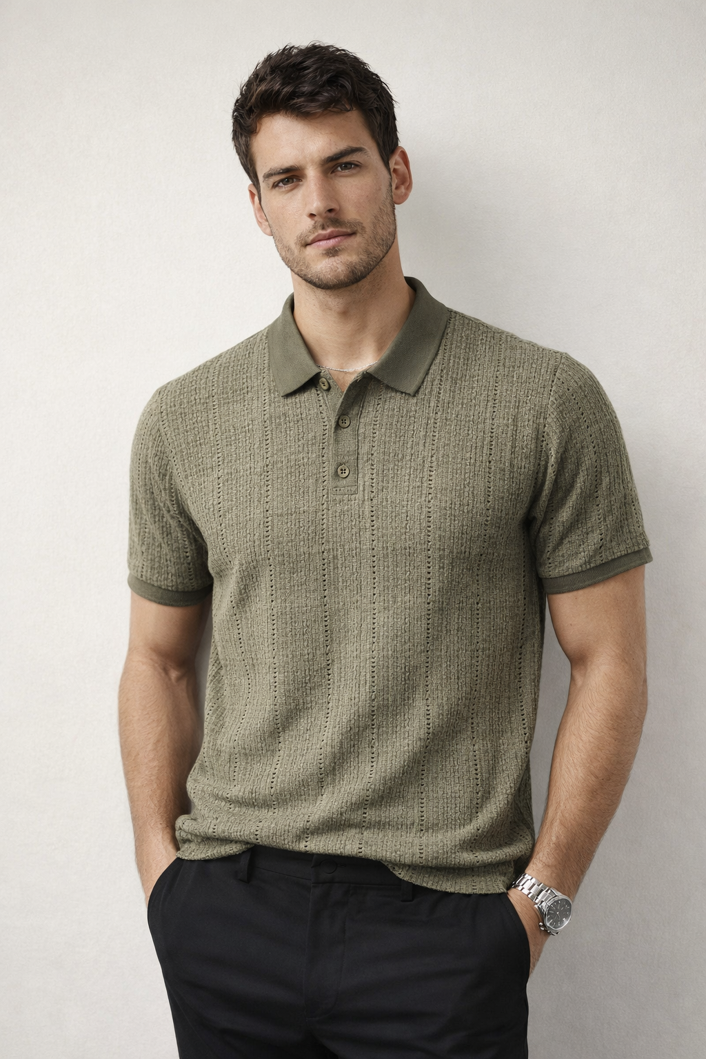 Playera Polo para Hombre Casual Jacquard Antiarrugas A61421 Olivo