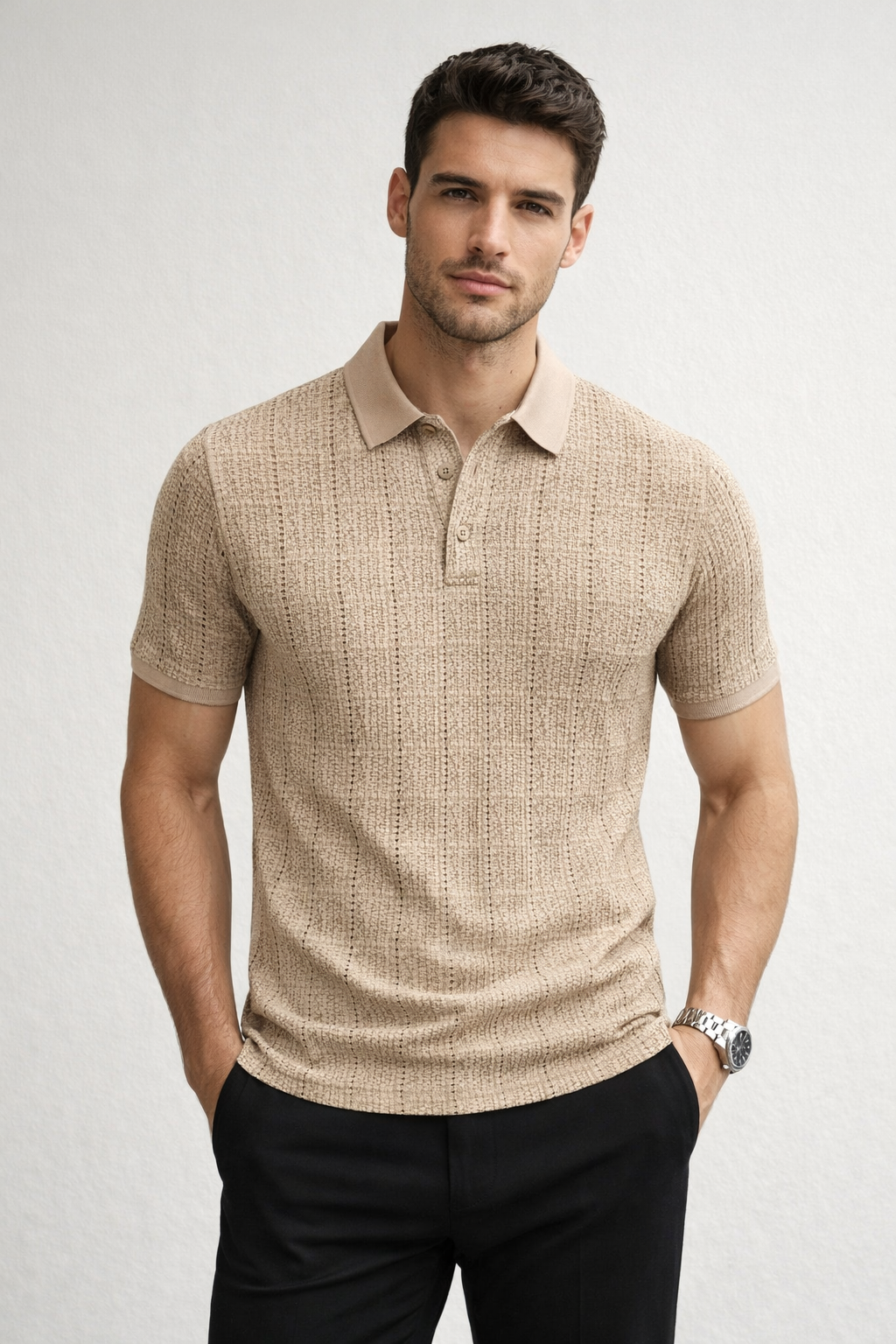 Playera Polo para Hombre Casual Jacquard Antiarrugas A61421 Kaki