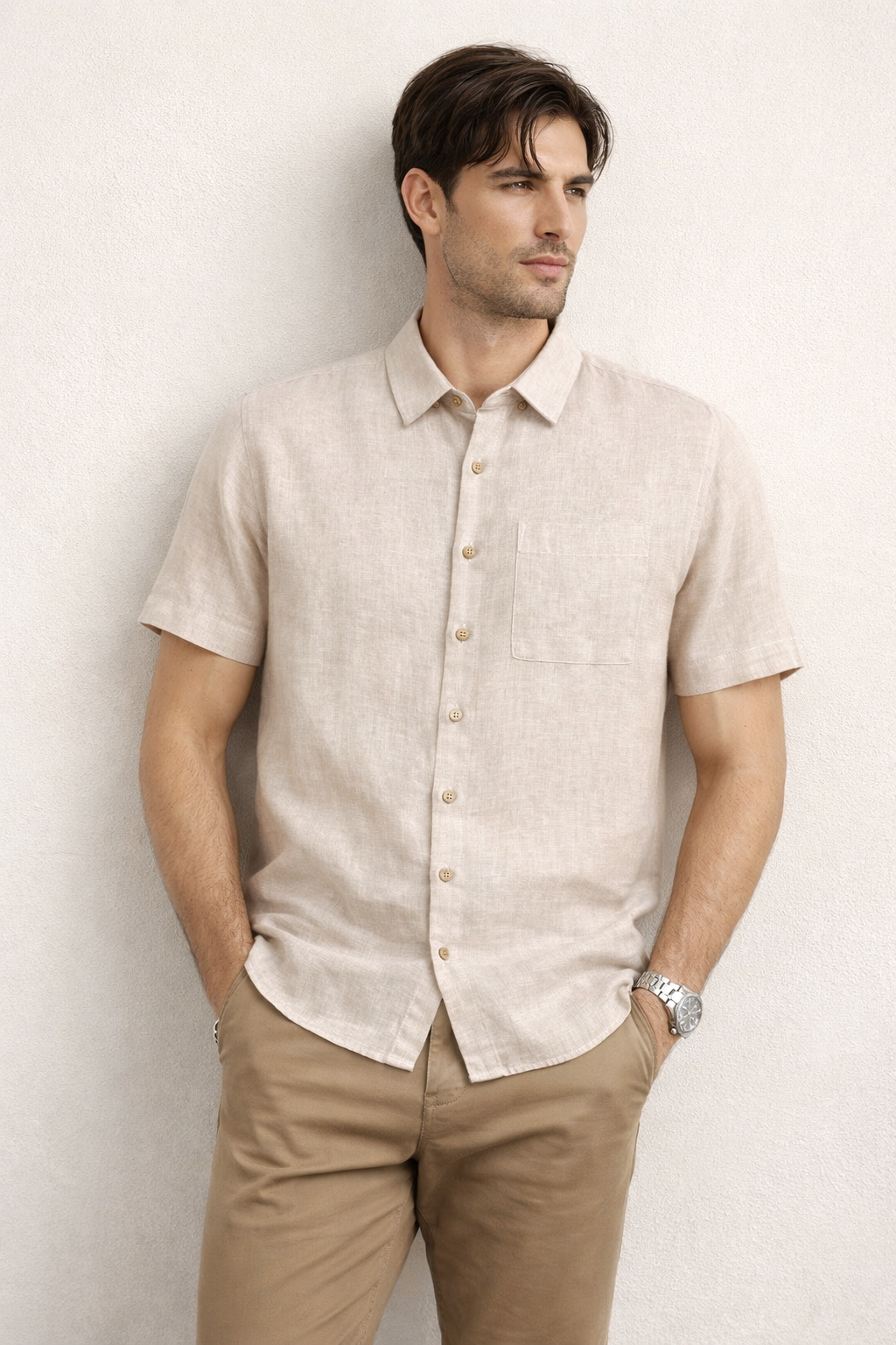 Camisas Para Hombre Manga Corta Albatros Tipo Lino Semi Recta B61561 Arena