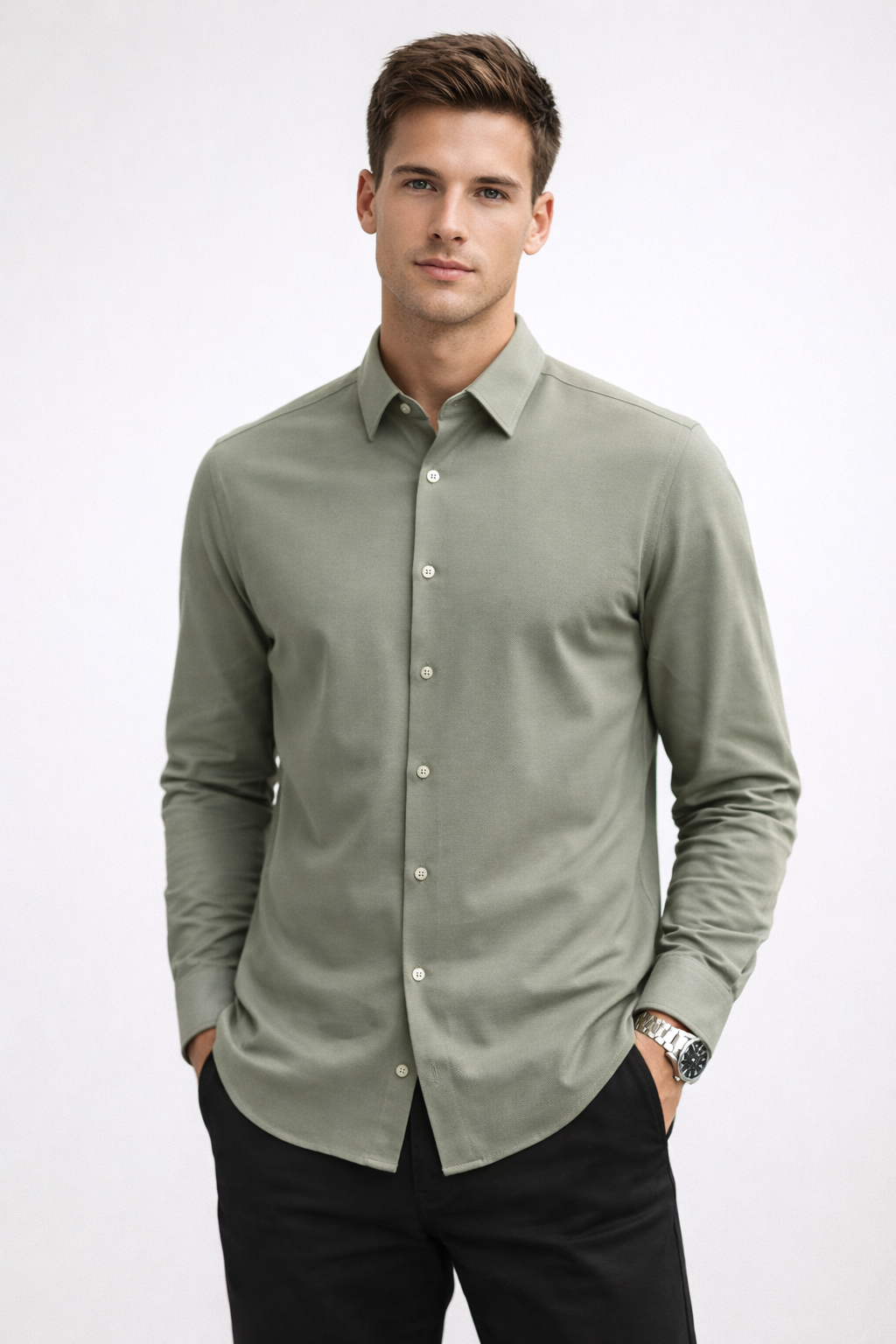 Camisa para Hombre Manga Larga Piqué Stretch Sin Arrugas B61401 Sage