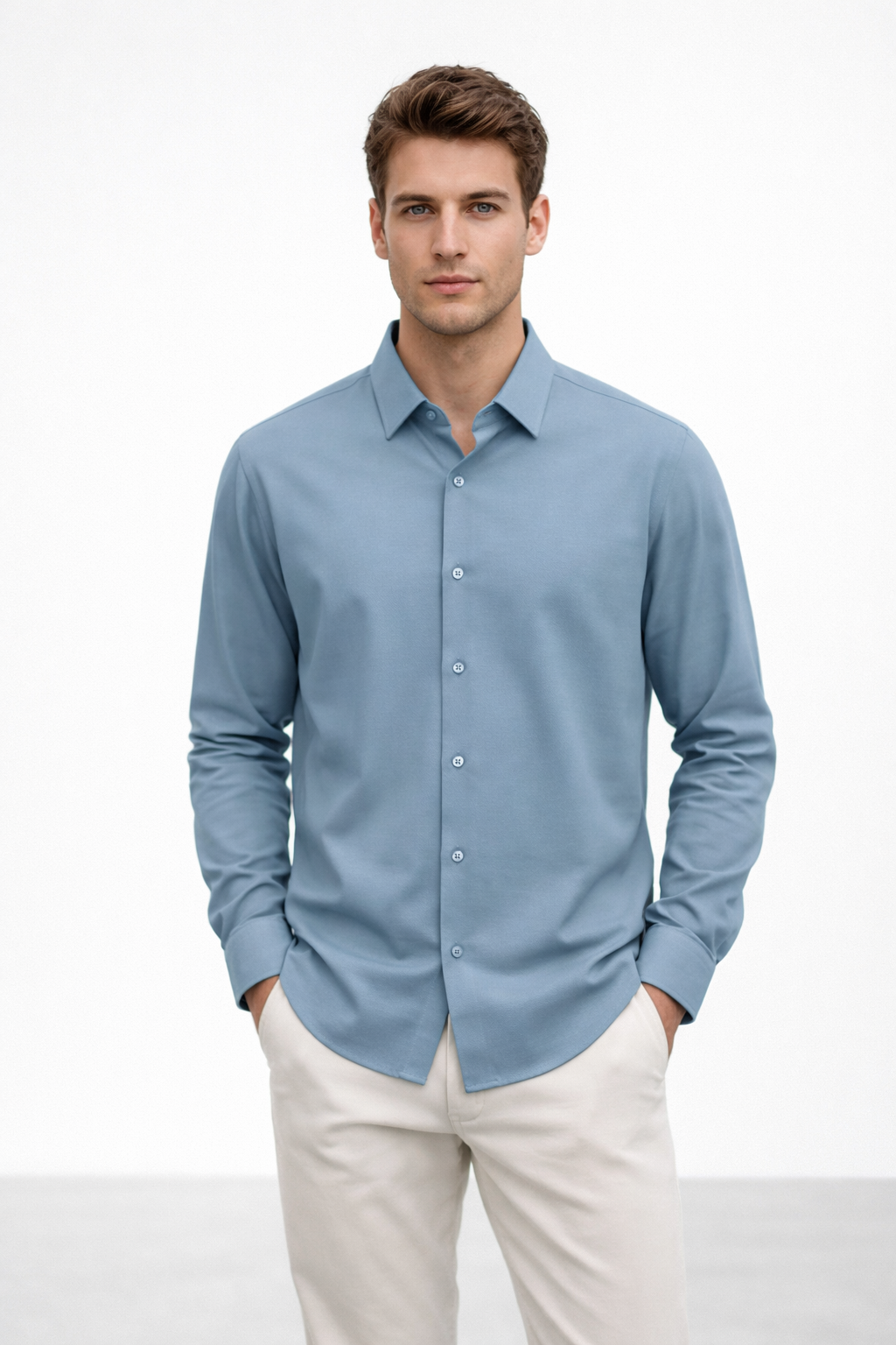 Camisa para Hombre Manga Larga Piqué Stretch Sin Arrugas B61401 Azul