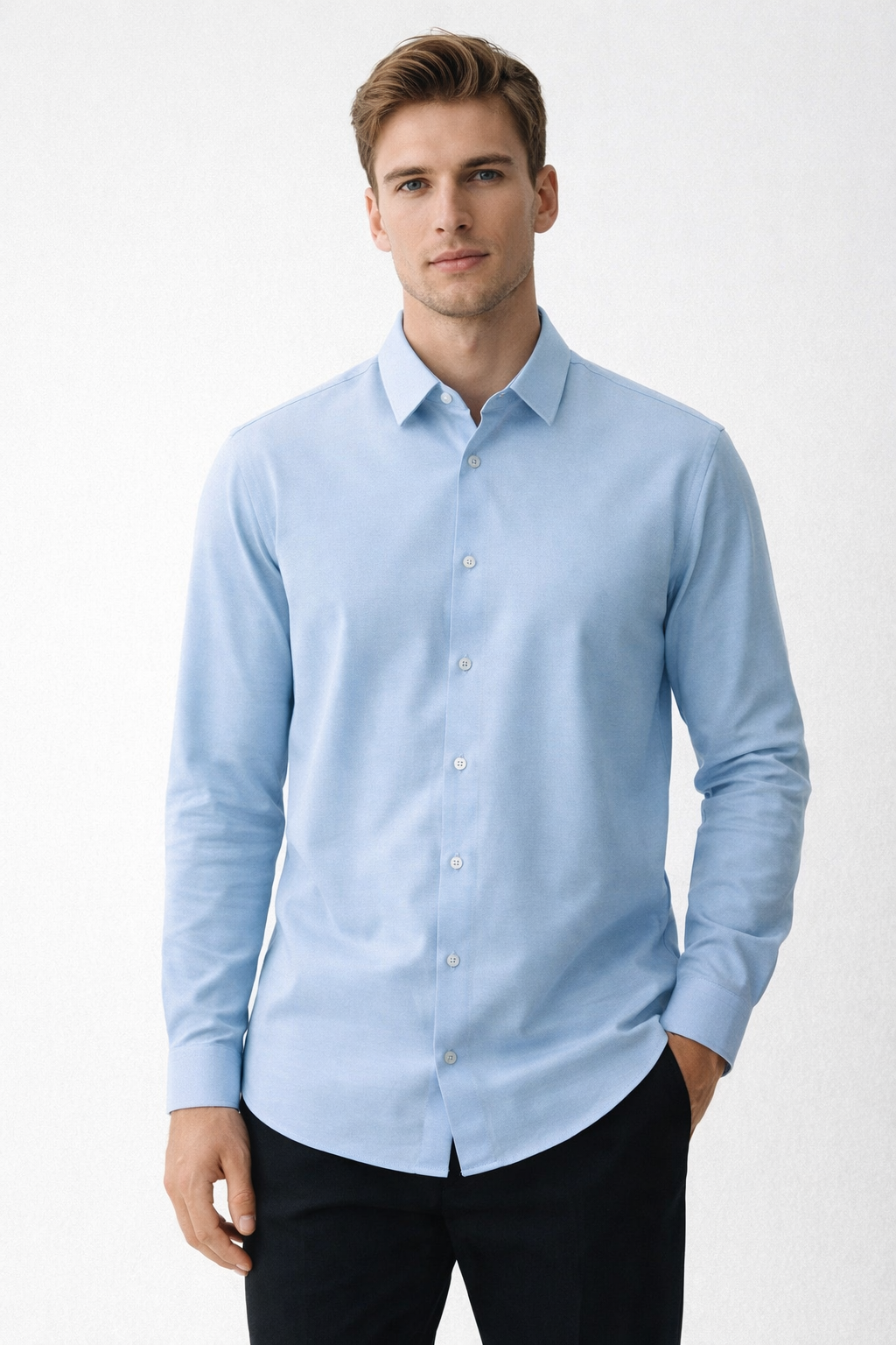 Camisa para Hombre Manga Larga Piqué Stretch Sin Arrugas B61401 Cielo