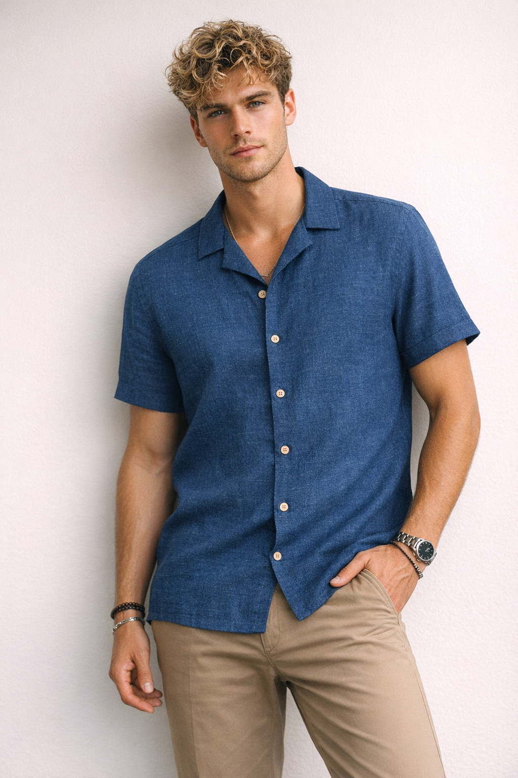 Camisas Para Hombre Tipo Lino Corte Relaxed Estilo Resort B61551 Indigo