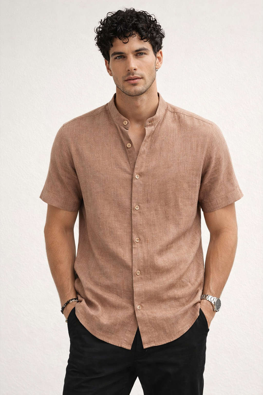 Camisas Para Hombre Tipo Lino Cuello Mao B61552 Cocoa