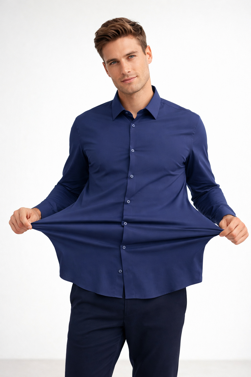 Camisa para Hombre Super Stretch Sin Costura Antiarrugas B61402 Marino