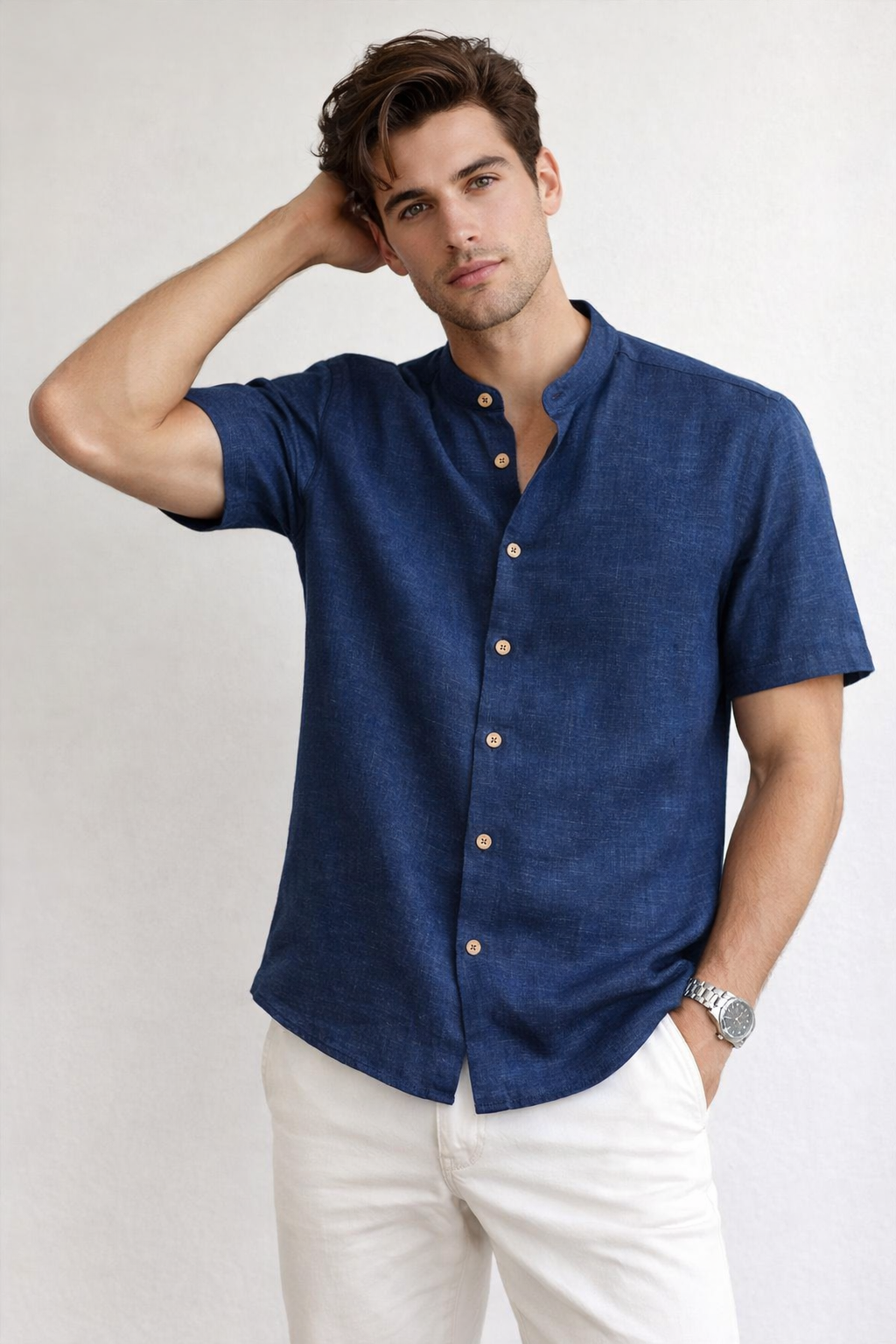 Camisas Para Hombre Tipo Lino Cuello Mao B61552 Indigo