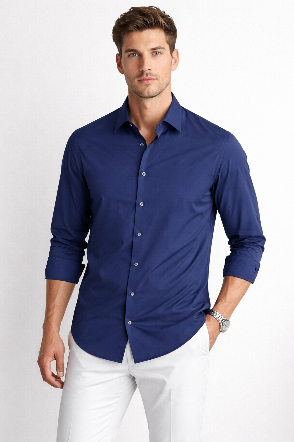 Camisa para Hombre Super Stretch Sin Costura Antiarrugas B61402 Marino