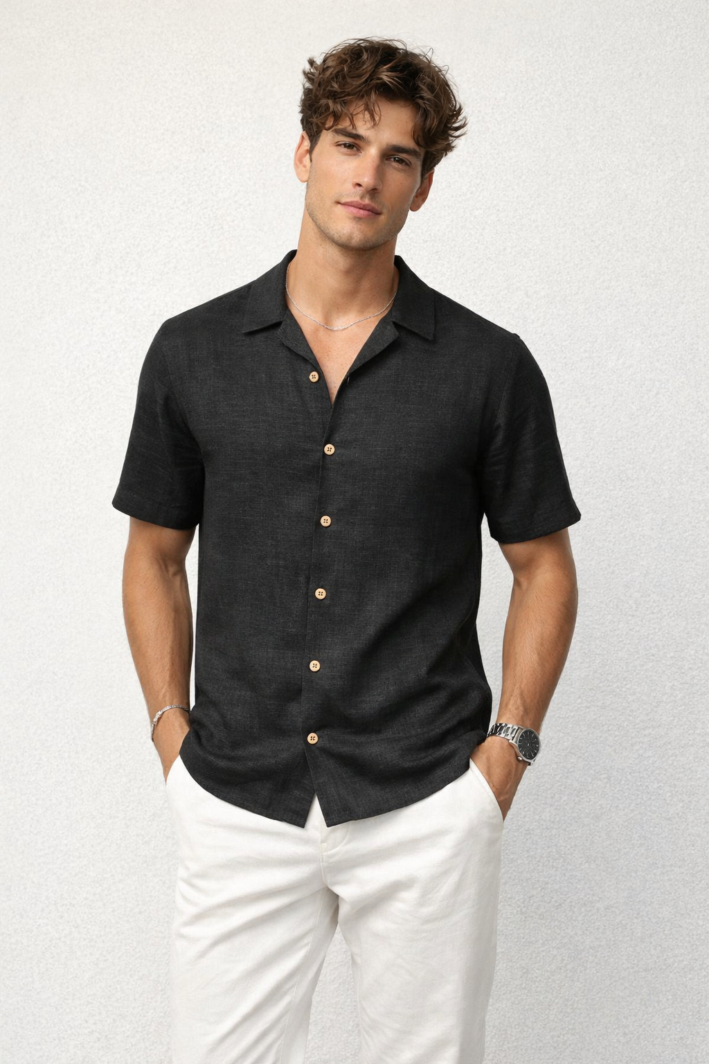 Camisas Para Hombre Tipo Lino Corte Relaxed Estilo Resort B61551 Negro