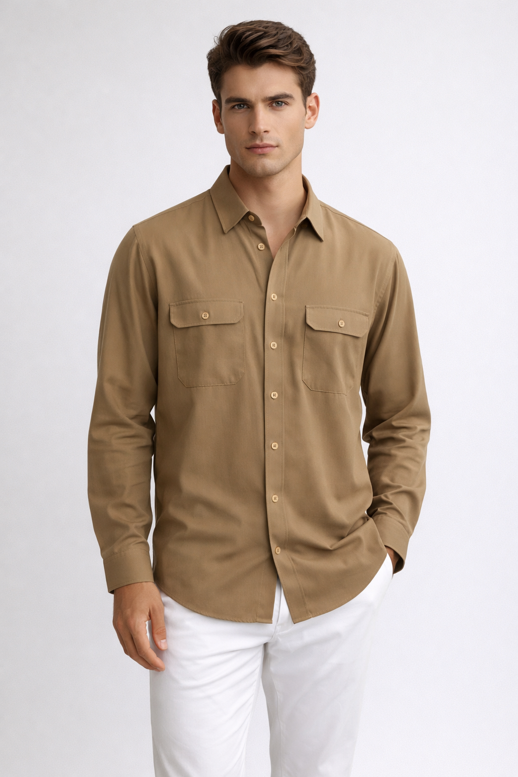 Camisas Para Hombre Premium Lisa Con Bolsillos B55410 Camel