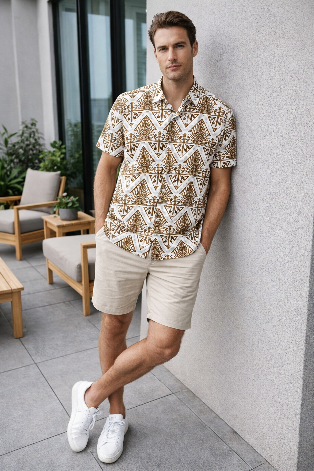 Camisas Para Hombre Manga Corta Estampado Tropical B51564 Ocre