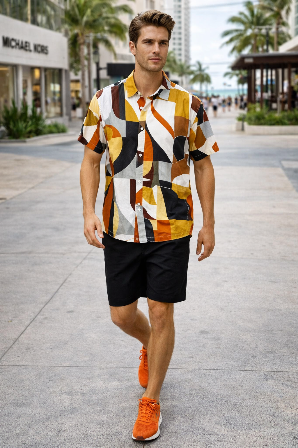 Camisas Para Hombre Manga Corta Estampado Tropical B51567 Naranja