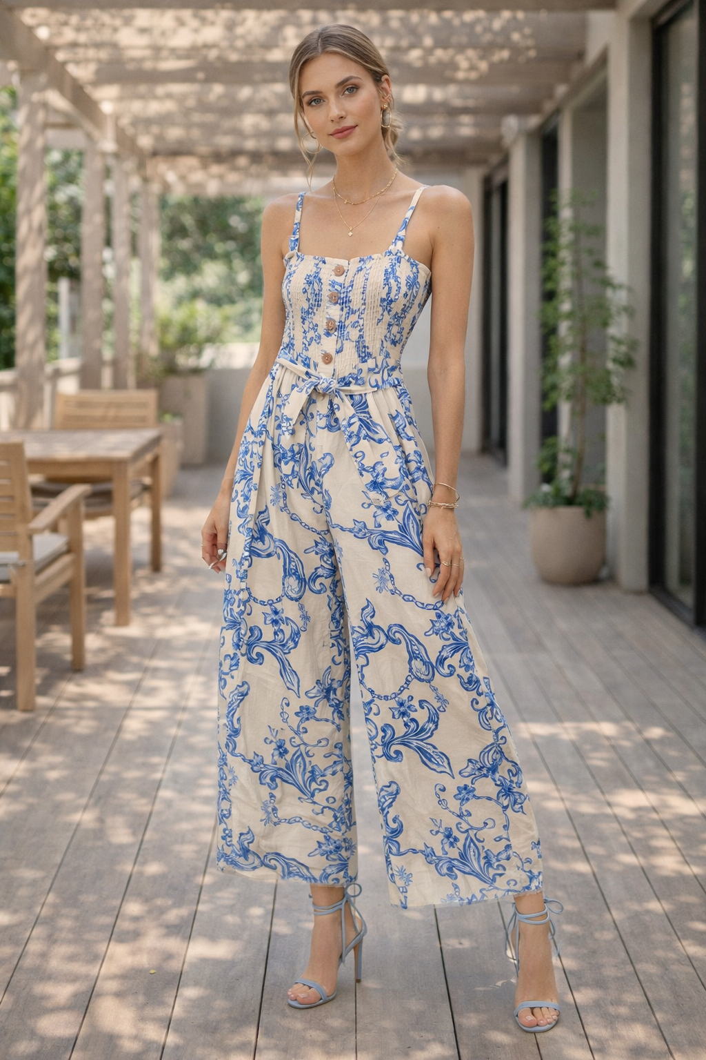 Jumpsuits Para Mujer Smok De Tirantes Lino Paisley W61106 Hueso/Azul