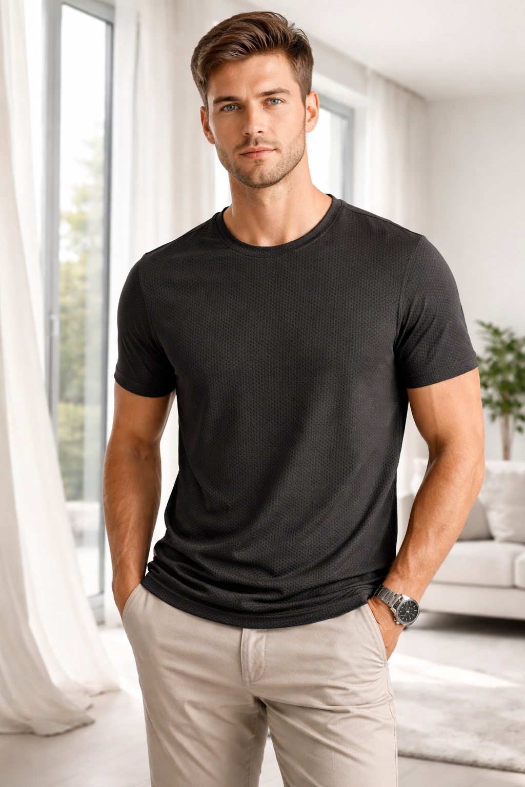 Playeras Para Hombre Jacquard Micro Cuadros A61303 Negro