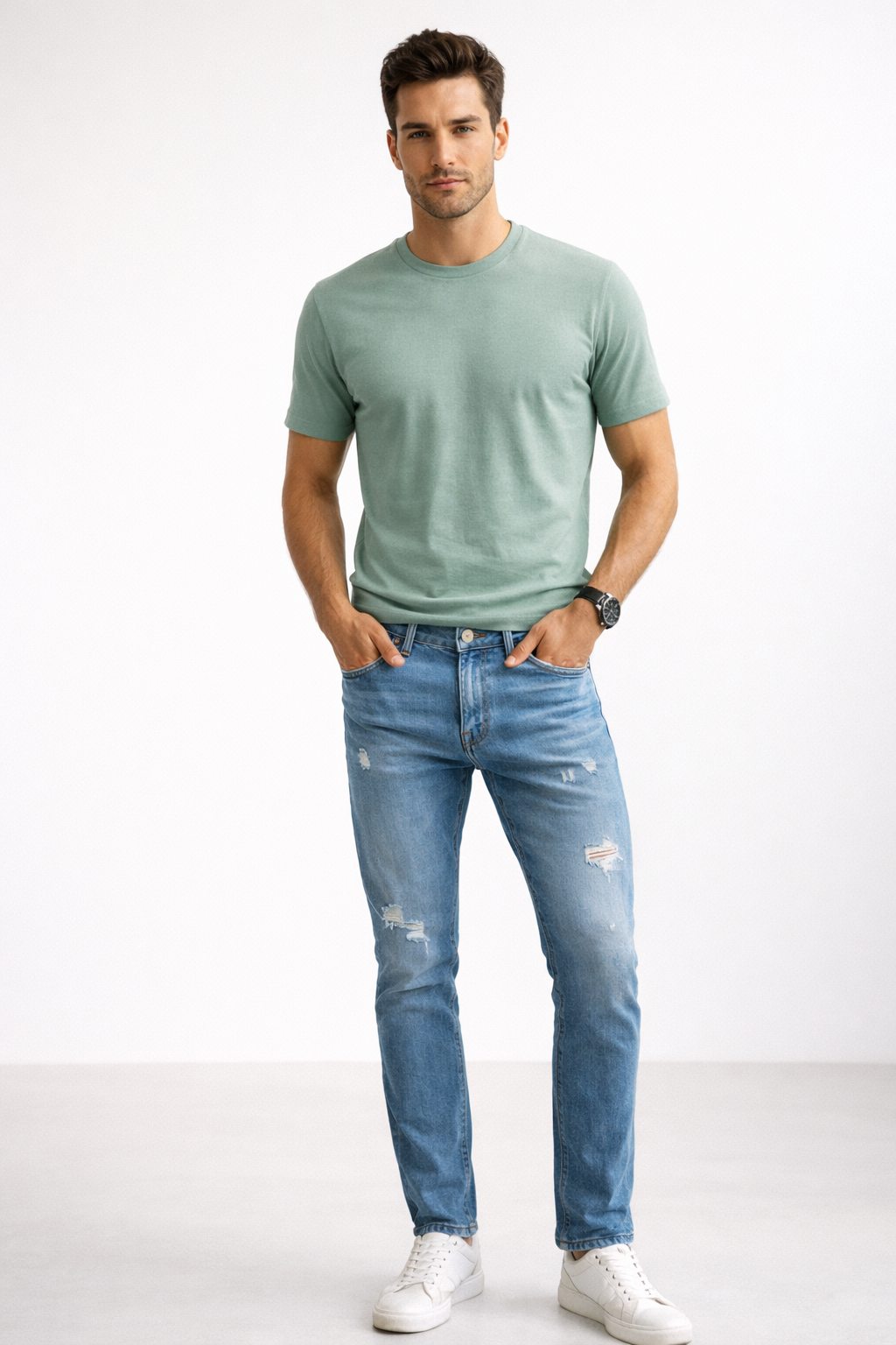 Jeans Para Hombre Mezclilla Slim Deslavado Rasgado J61106 Azul