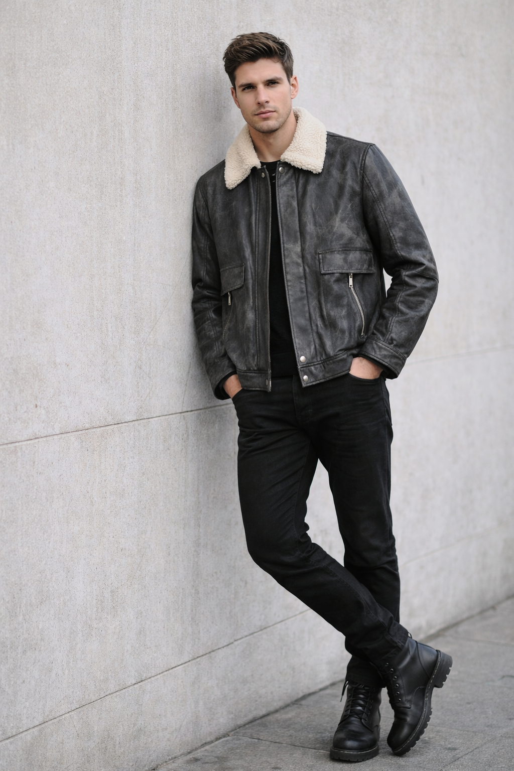 Chamarras para Hombre Tipo Piel Cuello Sherpa D45310 Gris