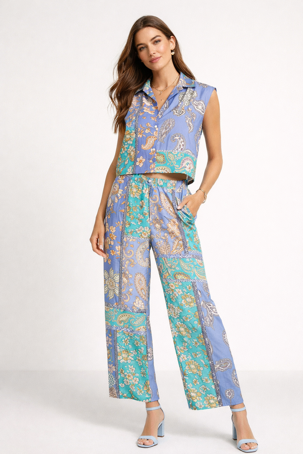 Pantalones Para Mujer Satinado Paisley W61103 Turquesa