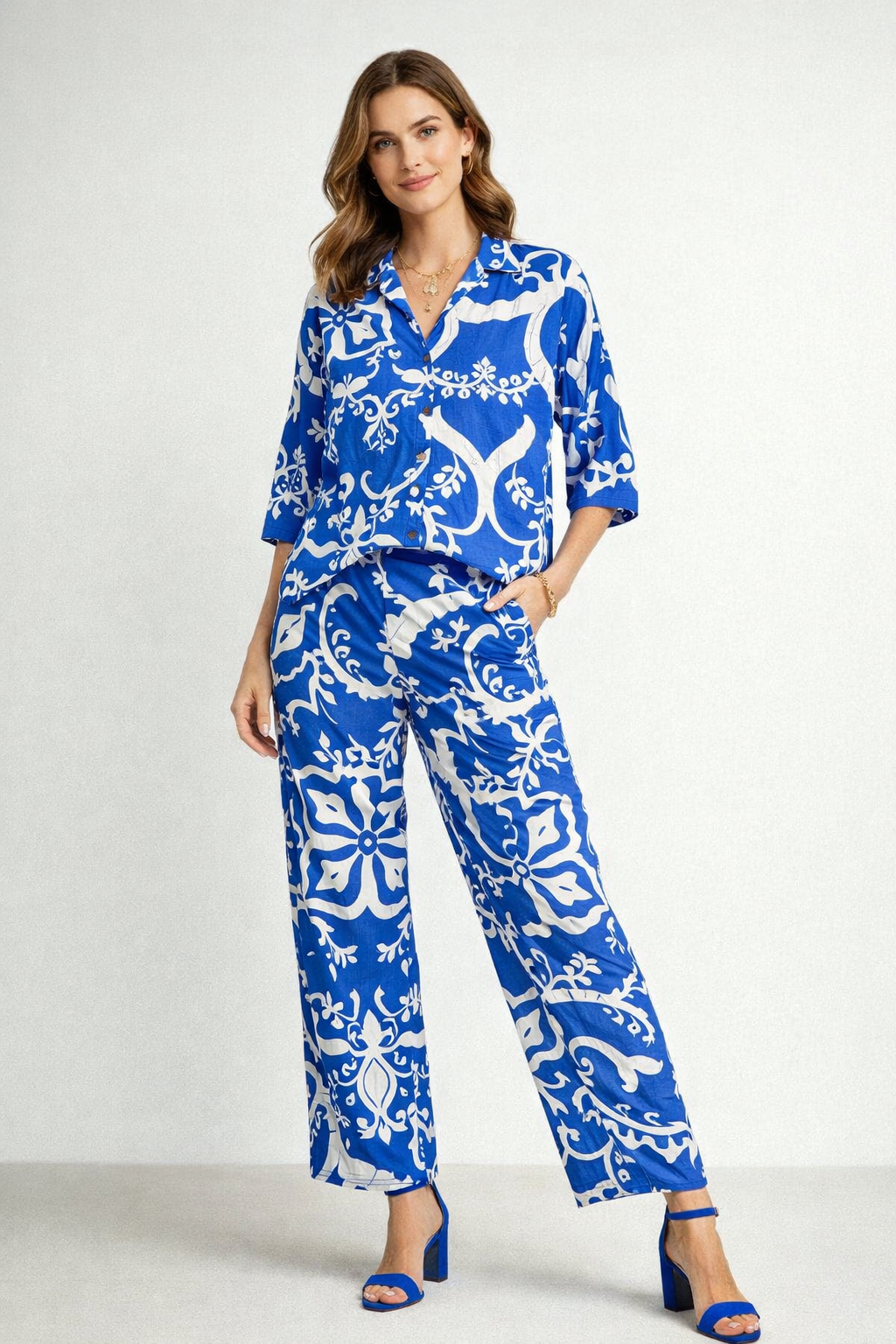 Pantalones Para Mujer Estampado Con Jareta W61104 Azul