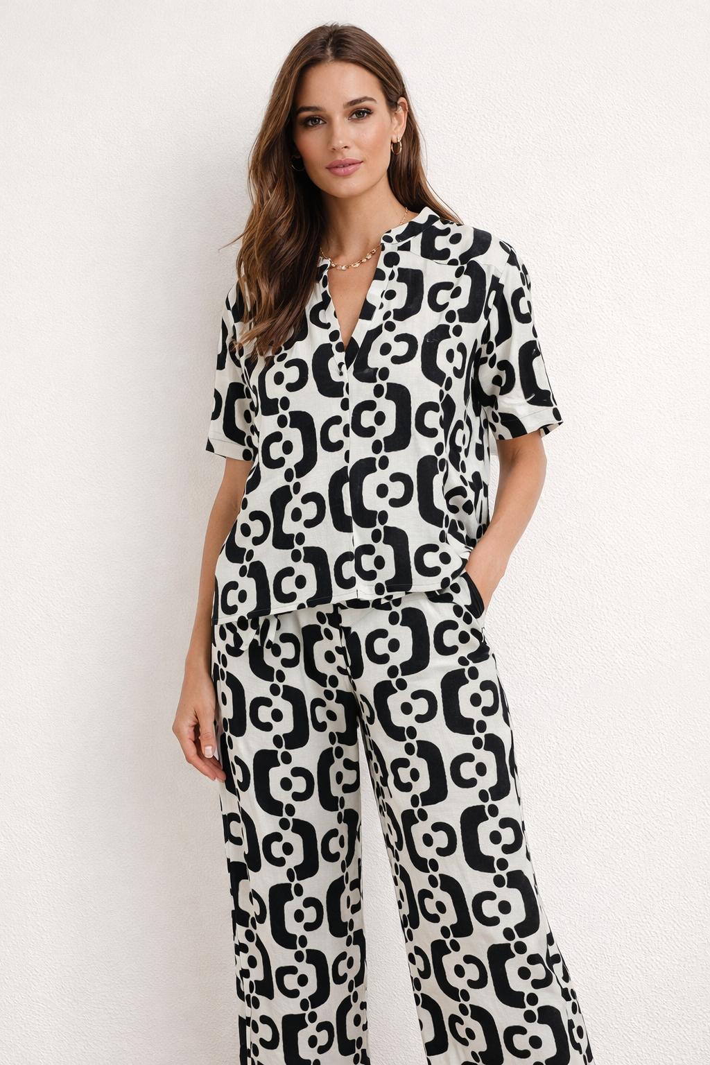 Pantalones Para Mujer Ligero Estampado Con Elastico W61126 Negro