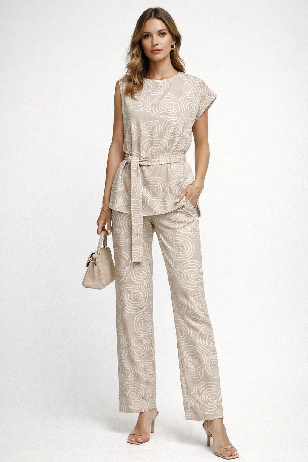 Blusas Para Mujer Lino Con Cinto Estampada N61132 Arena