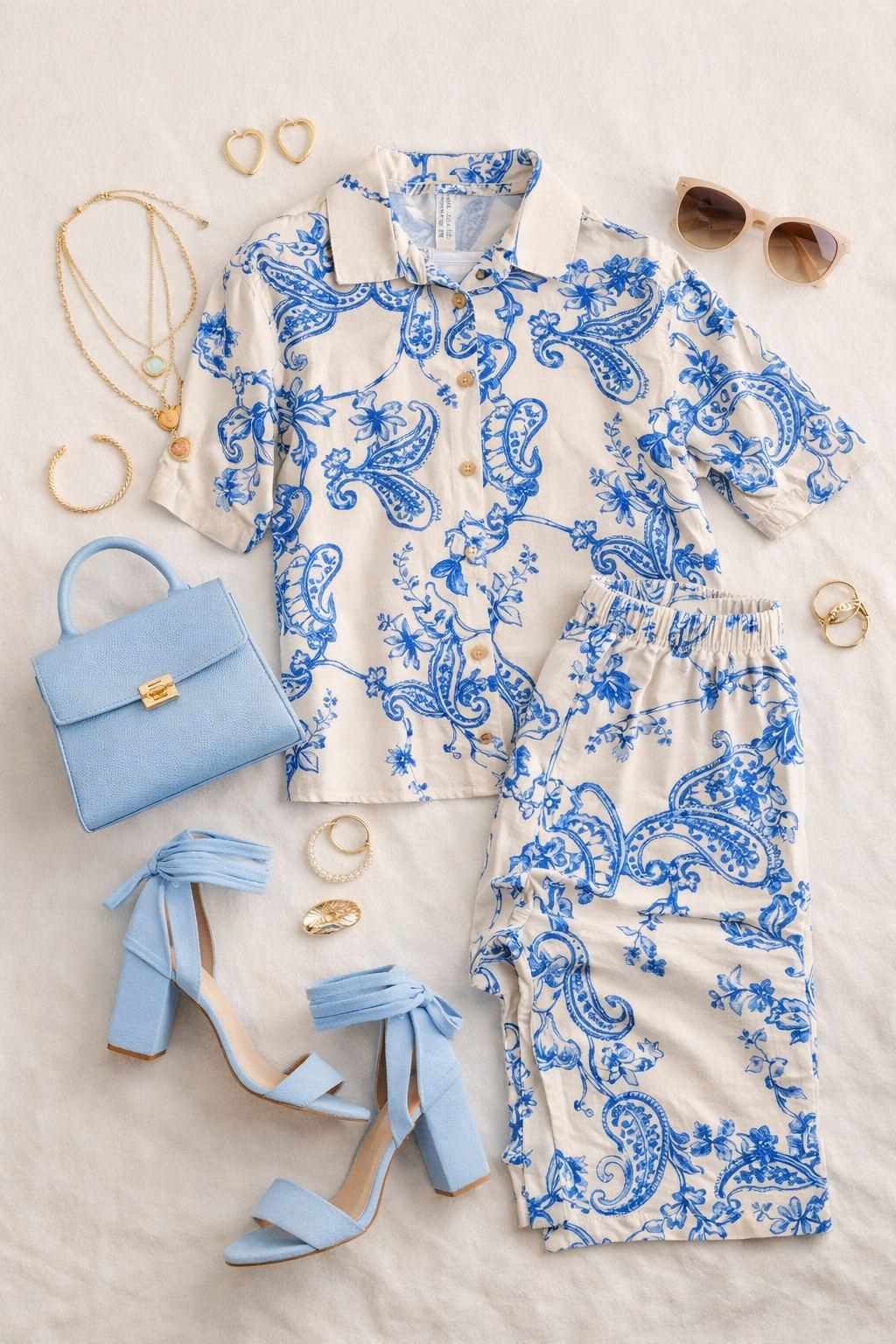 Pantalones Para Mujer Lino Paisley Con Jareta W61105 Hueso/Azul