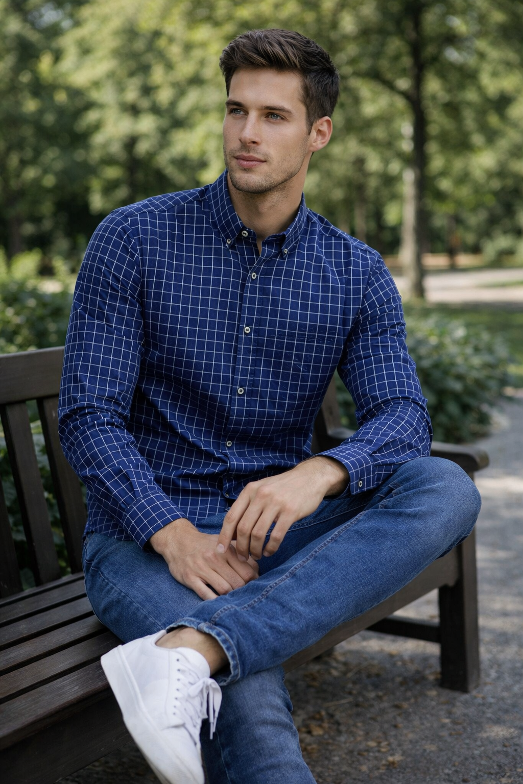 Camisas Para Hombre Manga Larga Cuadros B61205 Marino