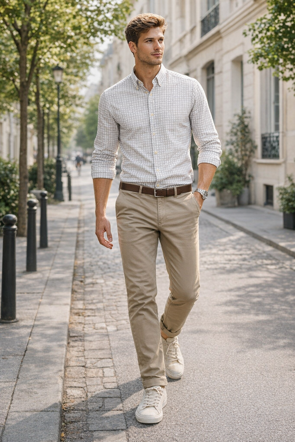 Camisas Para Hombre Manga Larga Cuadros B61204 Beige