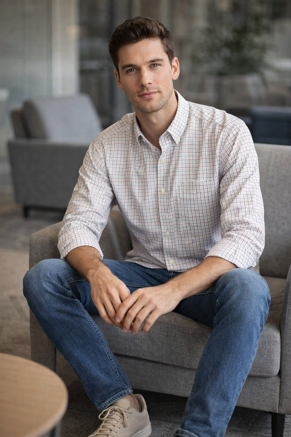 Camisas Para Hombre Manga Larga Cuadros B61204 Beige