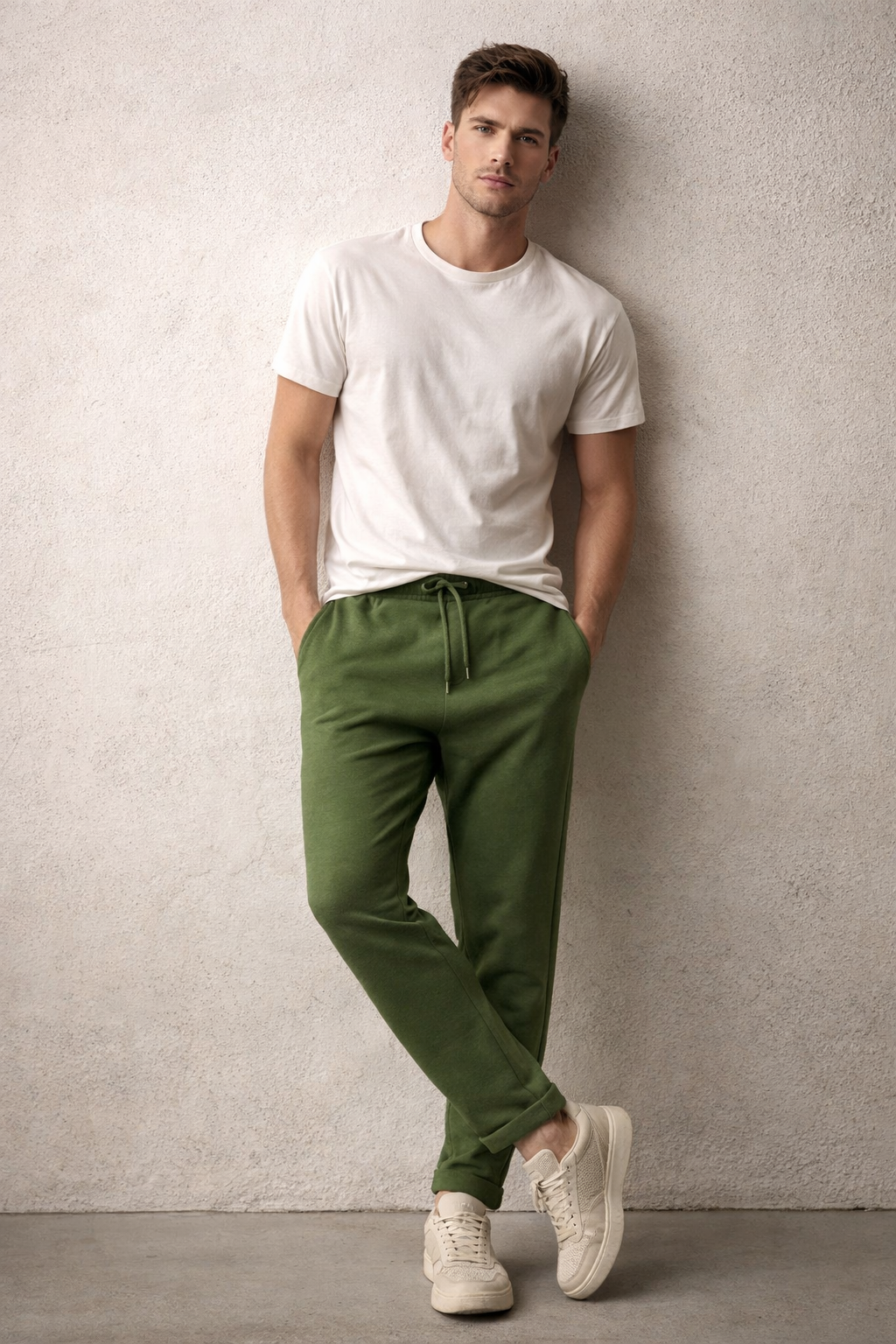 Pantalones Para Hombre Con Jareta y Pinzas Tejido G61401 Olivo