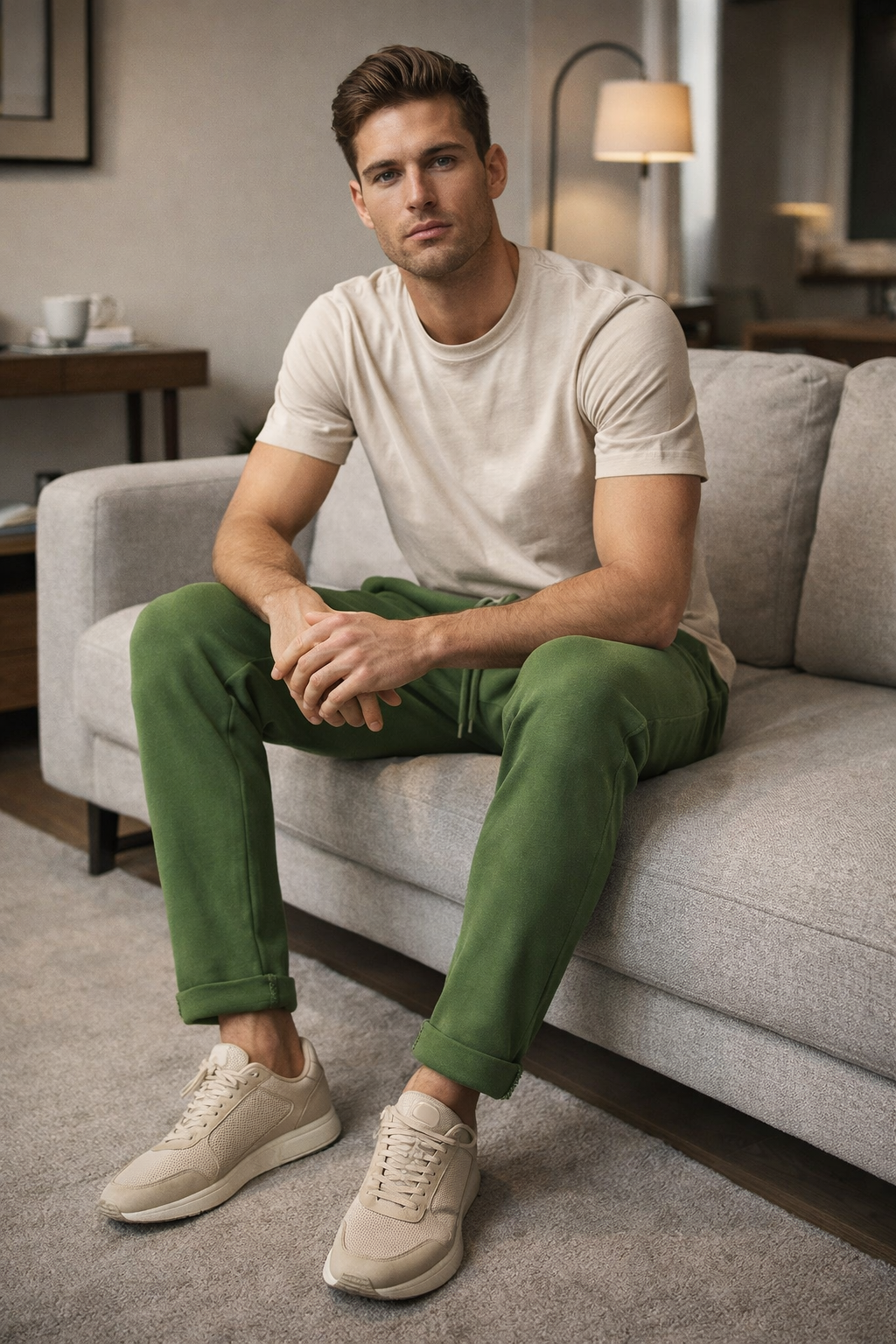 Pantalones Para Hombre Con Jareta y Pinzas Tejido G61401 Olivo