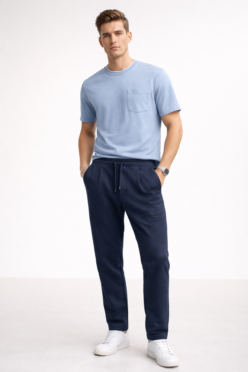 Pantalones Para Hombre Con Jareta y Pinzas Tejido G61401 Marino
