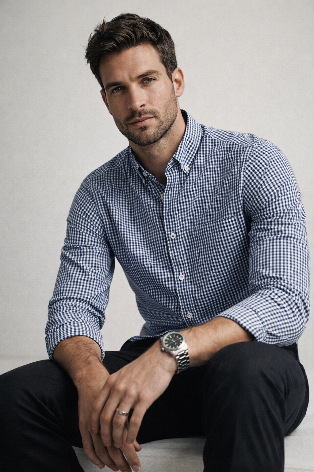 Camisas Para Hombre Manga Larga Cuadros Algodón B61202 Azul