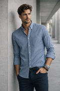 Camisas Para Hombre Manga Larga Cuadros Algodón B61202 Azul