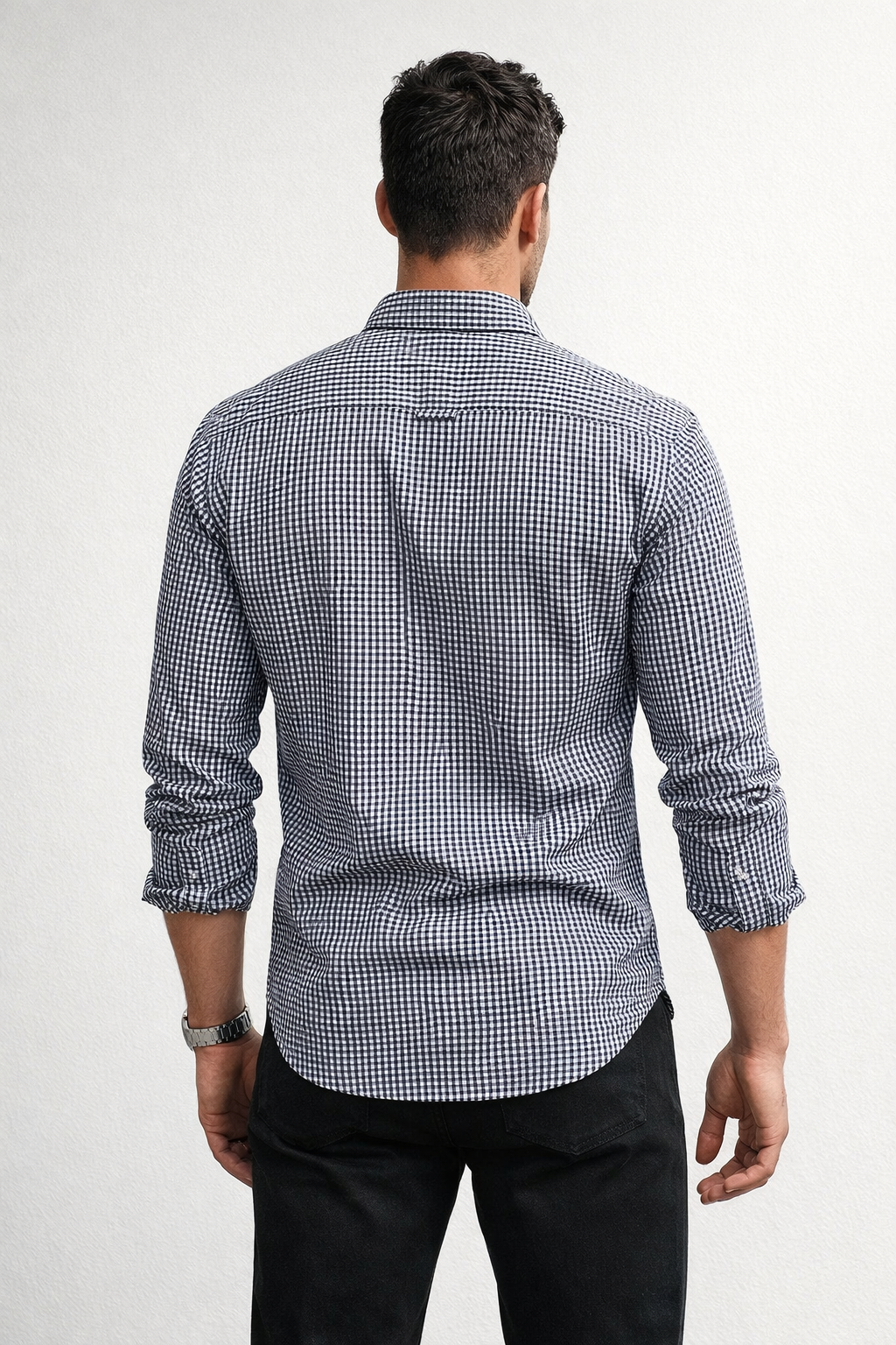 Camisas Para Hombre Manga Larga Cuadros Algodón B61202 Marino