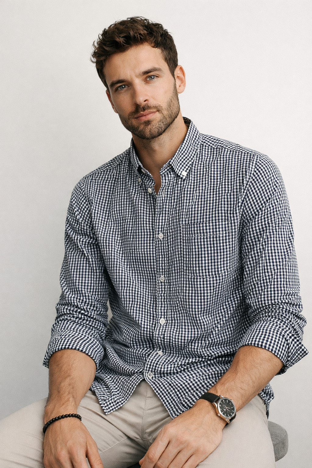Camisas Para Hombre Manga Larga Cuadros Algodón B61202 Marino