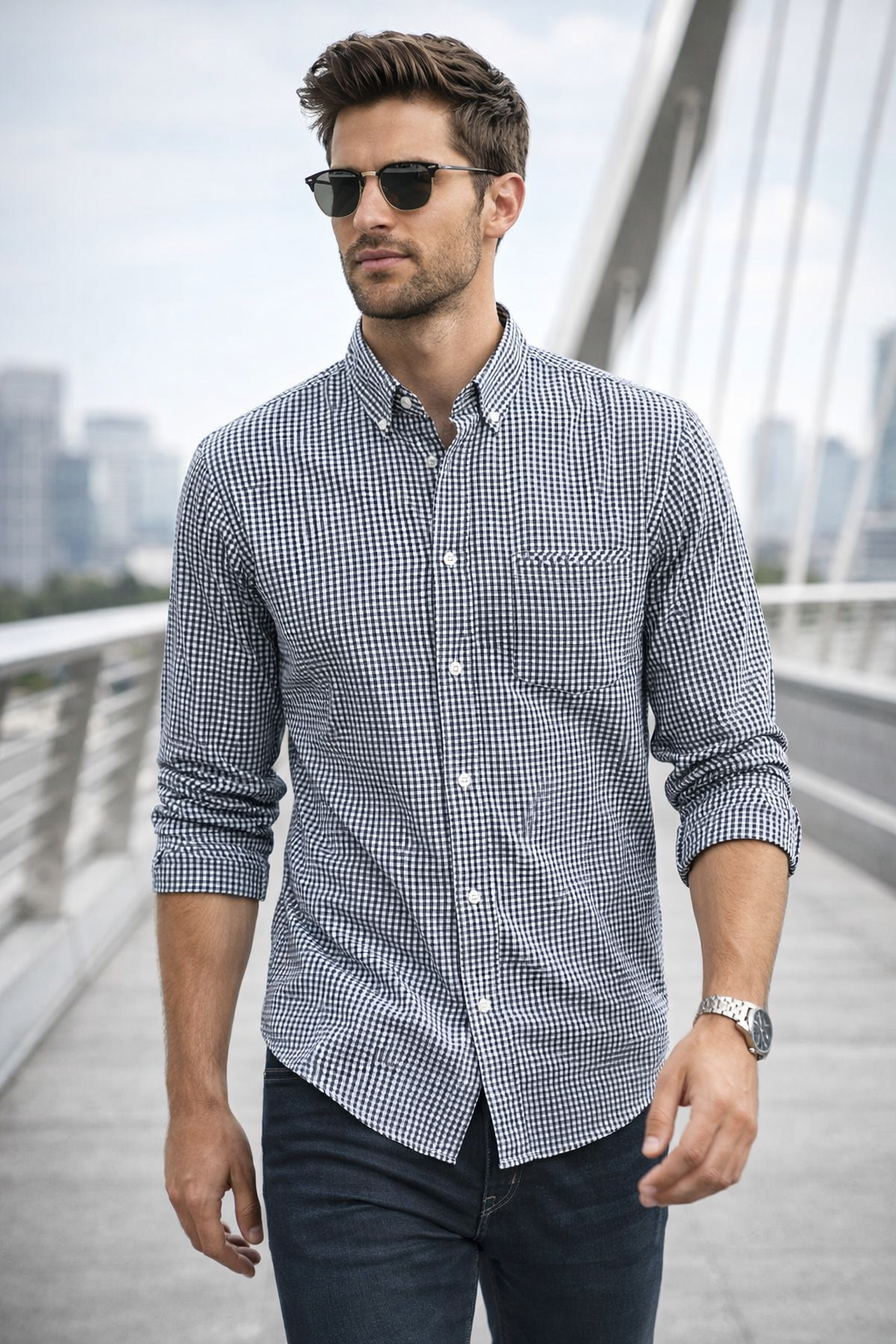 Camisas Para Hombre Manga Larga Cuadros Algodón B61202 Marino