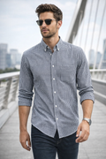 Camisas Para Hombre Manga Larga Cuadros Algodón B61202 Marino