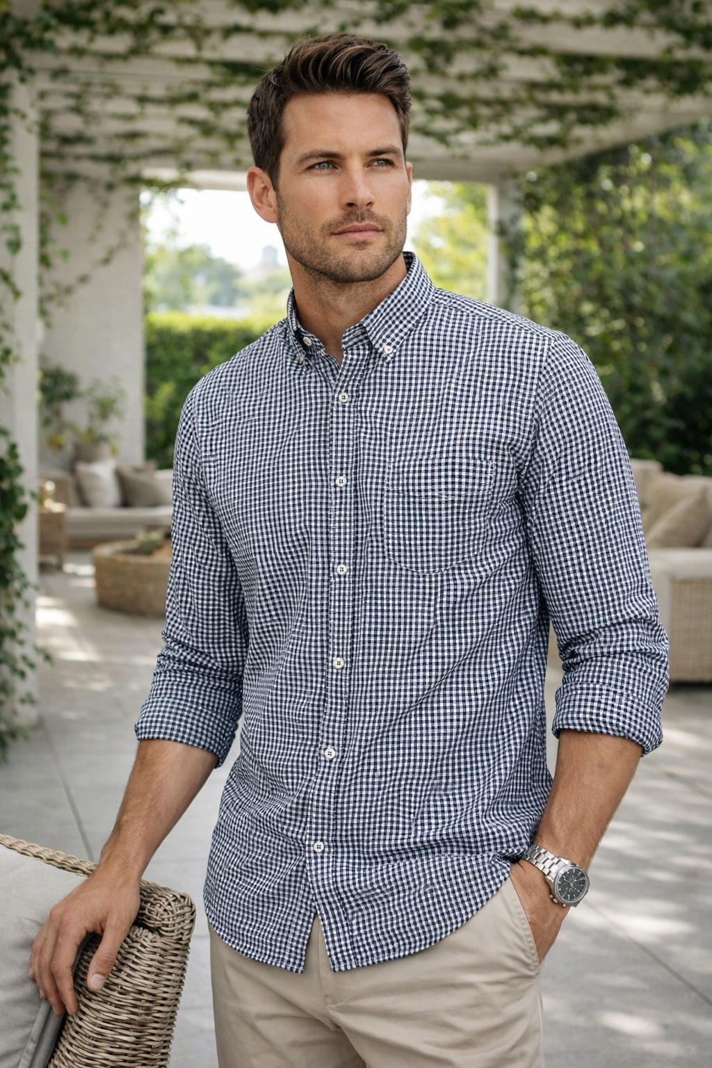 Camisas Para Hombre Manga Larga Cuadros Algodón B61202 Marino